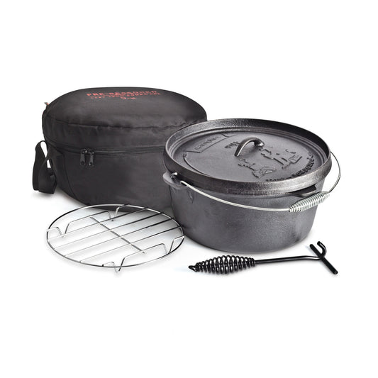 Campfire 9 Quart Camp Oven Pack, featuring a cast iron Dutch oven with lid, carrying case, round wire trivet, and metal lid lifter—perfect for campfire cooking—arranged on a white background.