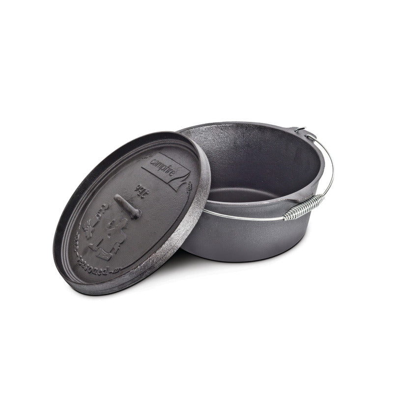 The Campfire 9 Quart Camp Oven features a sturdy handle and a partially removed lid, revealing its spacious, empty interior—ideal for campfire or outdoor cooking. The lid is embossed with the Campfire logo and text.