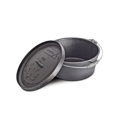 The Campfire 9 Quart Camp Oven features a sturdy handle and a partially removed lid, revealing its spacious, empty interior—ideal for campfire or outdoor cooking. The lid is embossed with the Campfire logo and text.