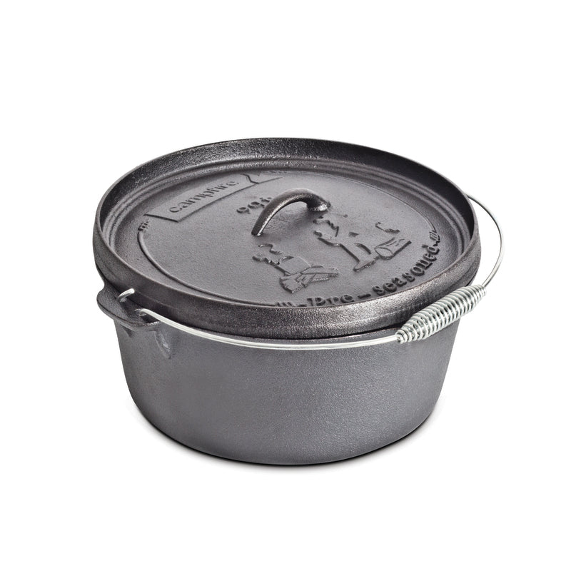 The Campfire 9 Quart Camp Oven is a sturdy, round black cast iron Dutch oven featuring a lid with embossed designs and text, plus a durable metal handle. Perfect for campfire or outdoor cooking, it's an ideal choice for your next adventure.