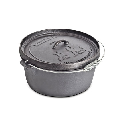 The Campfire 9 Quart Camp Oven is a sturdy, round black cast iron Dutch oven featuring a lid with embossed designs and text, plus a durable metal handle. Perfect for campfire or outdoor cooking, it's an ideal choice for your next adventure.