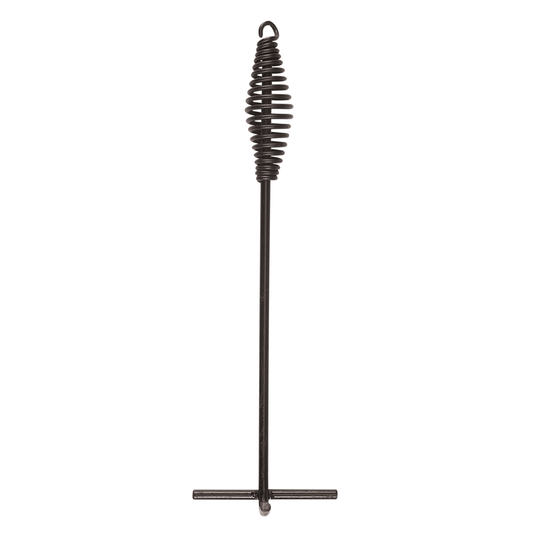 The Campfire Long Lid Lifter features a durable heavy-gauge steel shaft, a coiled spring at the top, and a horizontal handle at the bottom—making it the ideal tool for safely lifting camp oven lids during your outdoor cooking adventures.