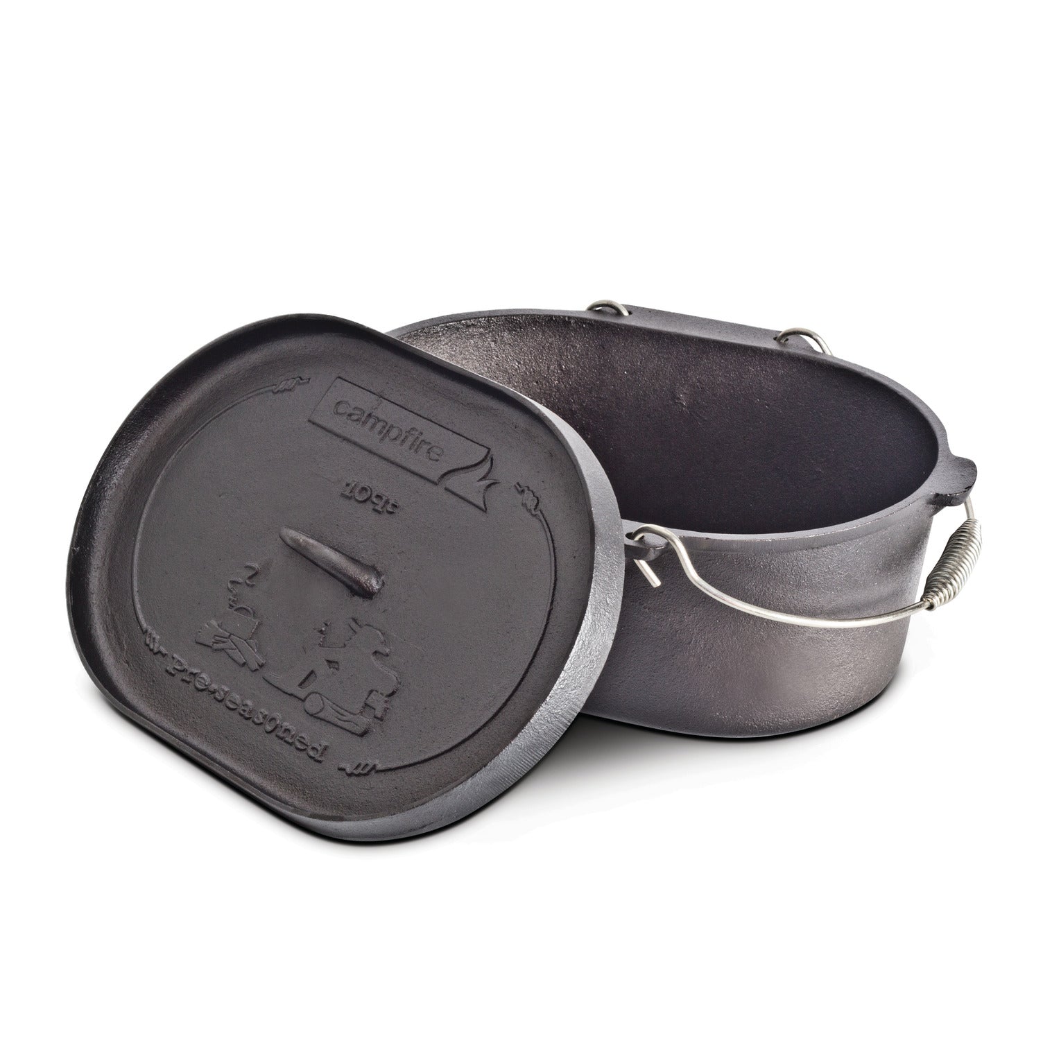 The Campfire 10 Quart Oval Camp Oven in black cast iron comes with a lid, slightly ajar to showcase its spacious interior—ideal for campfire cooking. The lid is adorned with embossed designs and branding, while a sturdy wire handle ensures this classic oven is easy to carry.