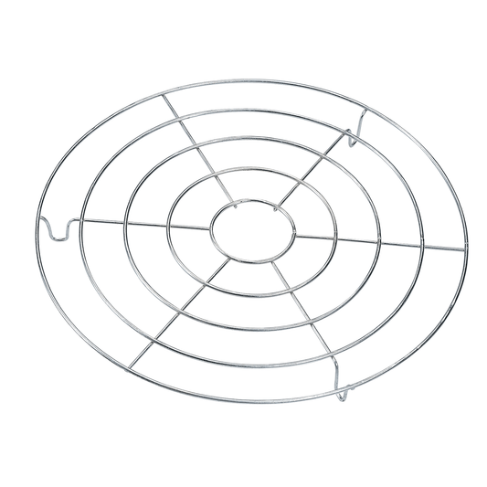 The Campfire 2 Quart Steamer Rack is a round metal rack with concentric circles and radial spokes, designed for cooling baked goods or supporting cookware. Perfect as a Dutch Oven Steamer Rack for your 2QT pot, it allows you to steam small meals efficiently. The rack features three short legs for added stability.