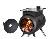 A black metal wood-burning stove with an open circular door, showing burning firewood inside. The stove has three legs and a flat rectangular top with a handle and a stovepipe.