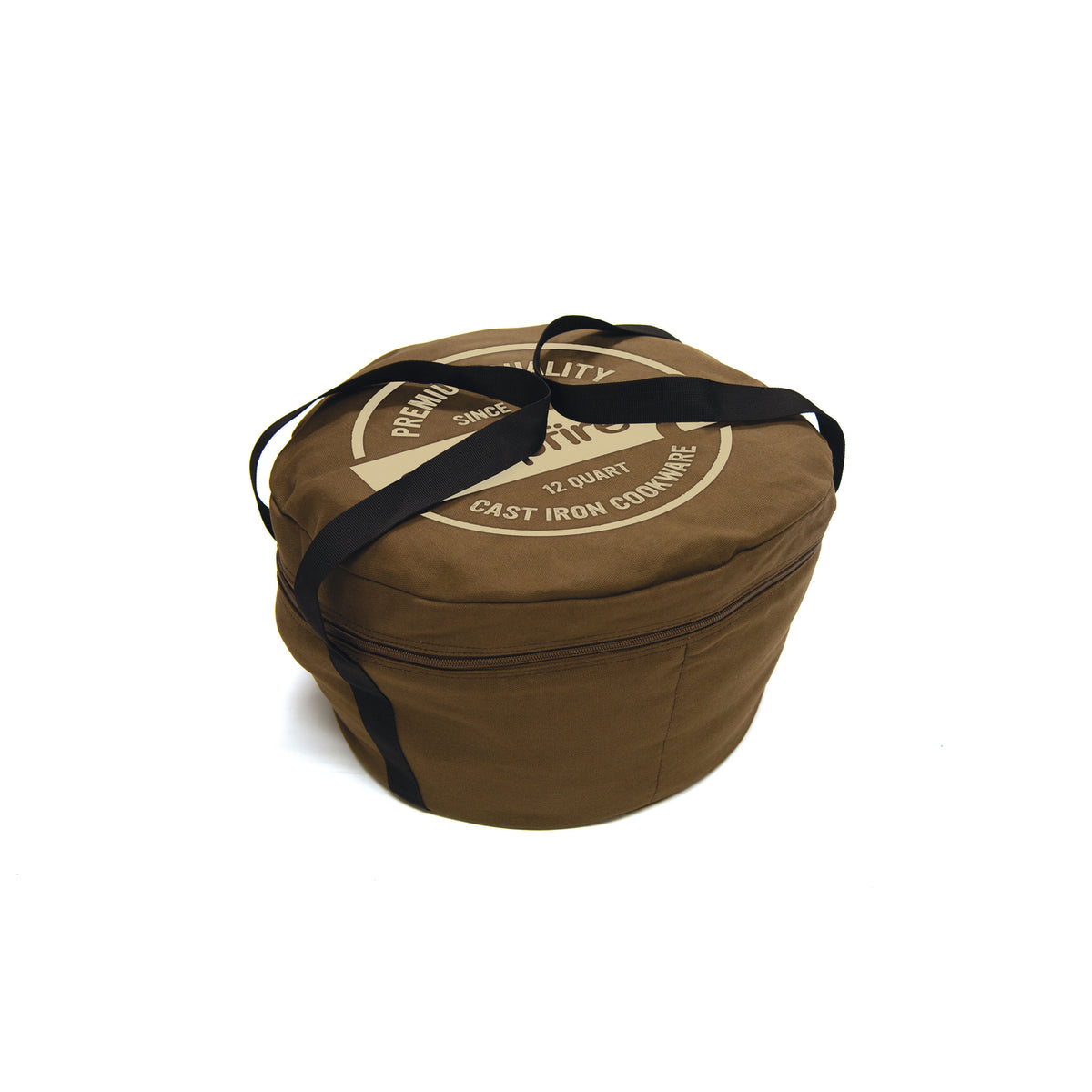 A brown, round Campfire 12 Quart Canvas Camp Oven Bag with black handles and white text on top, designed to carry a 12QT Dutch oven or cookware.