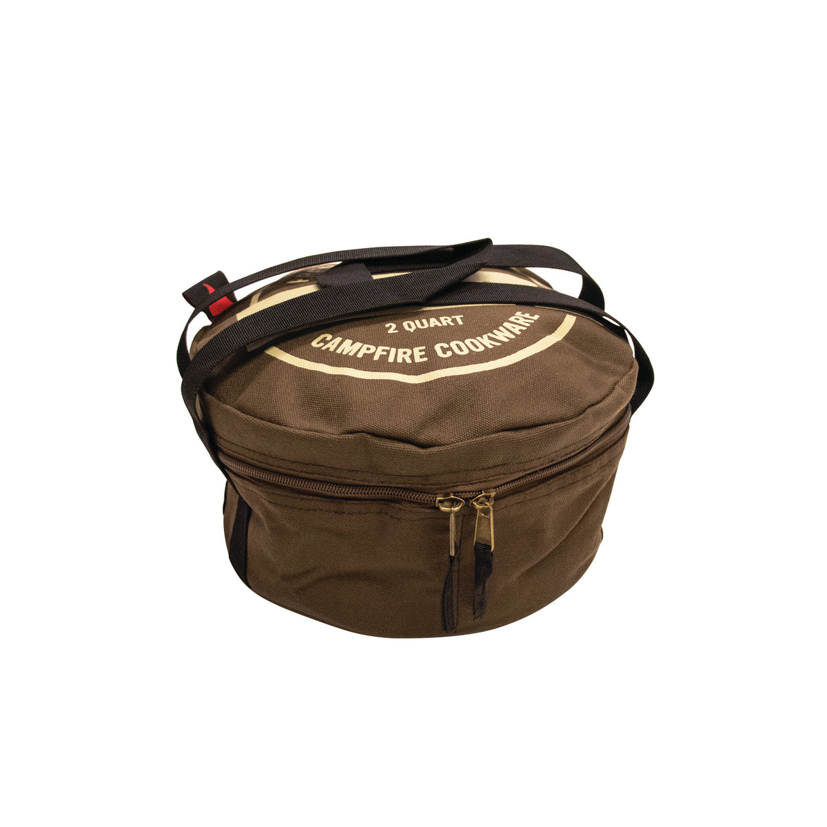 A round brown canvas carry bag with black handles and a zipper, labeled “Campfire 2 Quart Camp Oven Canvas Bag” on the lid. Designed to provide protection and easy transport for your 2QT Dutch oven, this bag is perfect for carrying campfire cookware and is shown against a white background.