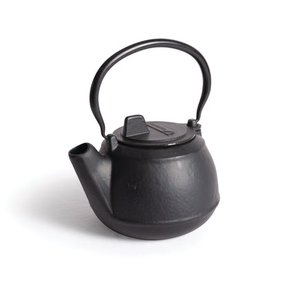 The Campfire 2 Quart Cast Iron Kettle features a rounded body, short spout, and sturdy arched handle—ideal for outdoor use or placing over a campfire. Photographed on a white background.