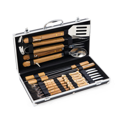 Introducing the Campfire 22pc BBQ Set: this comprehensive barbecue tool kit comes in a sleek black case and includes a spatula, tongs, fork, knife, skewers, corn holders, steak knives—all crafted with durable stainless steel and sturdy wooden handles. Perfect for outdoor cooking adventures, this complete set provides everything you need for grilling success.