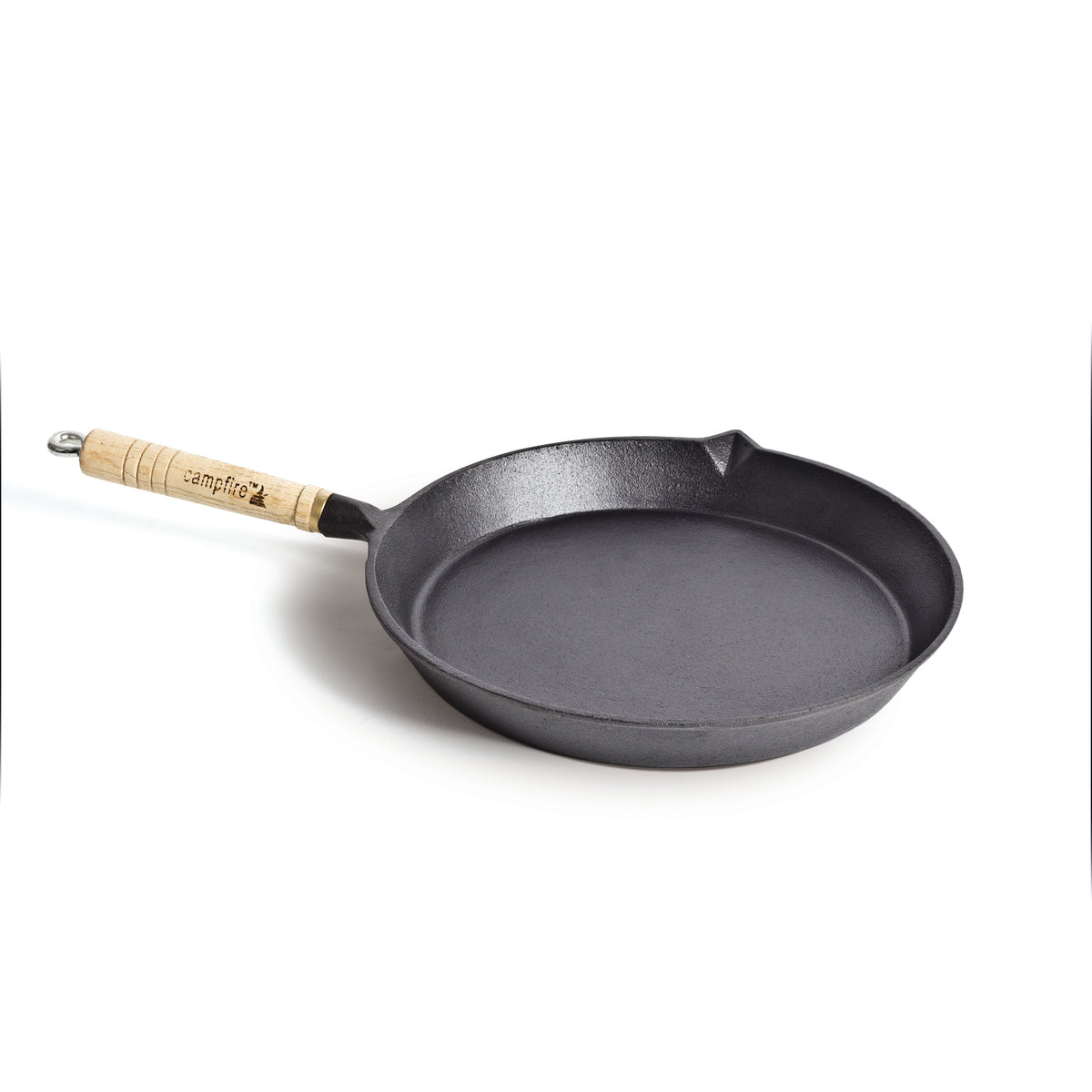 A 25cm round frying pan from Campfire with a solid black cast iron construction and a removable wooden handle is displayed on a white background. This pre-seasoned frypan features a small spout on one side for easy pouring.