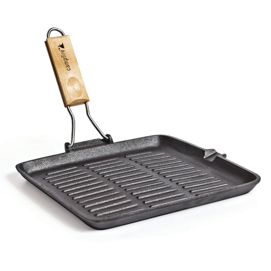 A Campfire 28cm Grill Folding Frypan with a ribbed cast iron cooking surface and a wooden handle is positioned at an angle on a white background.