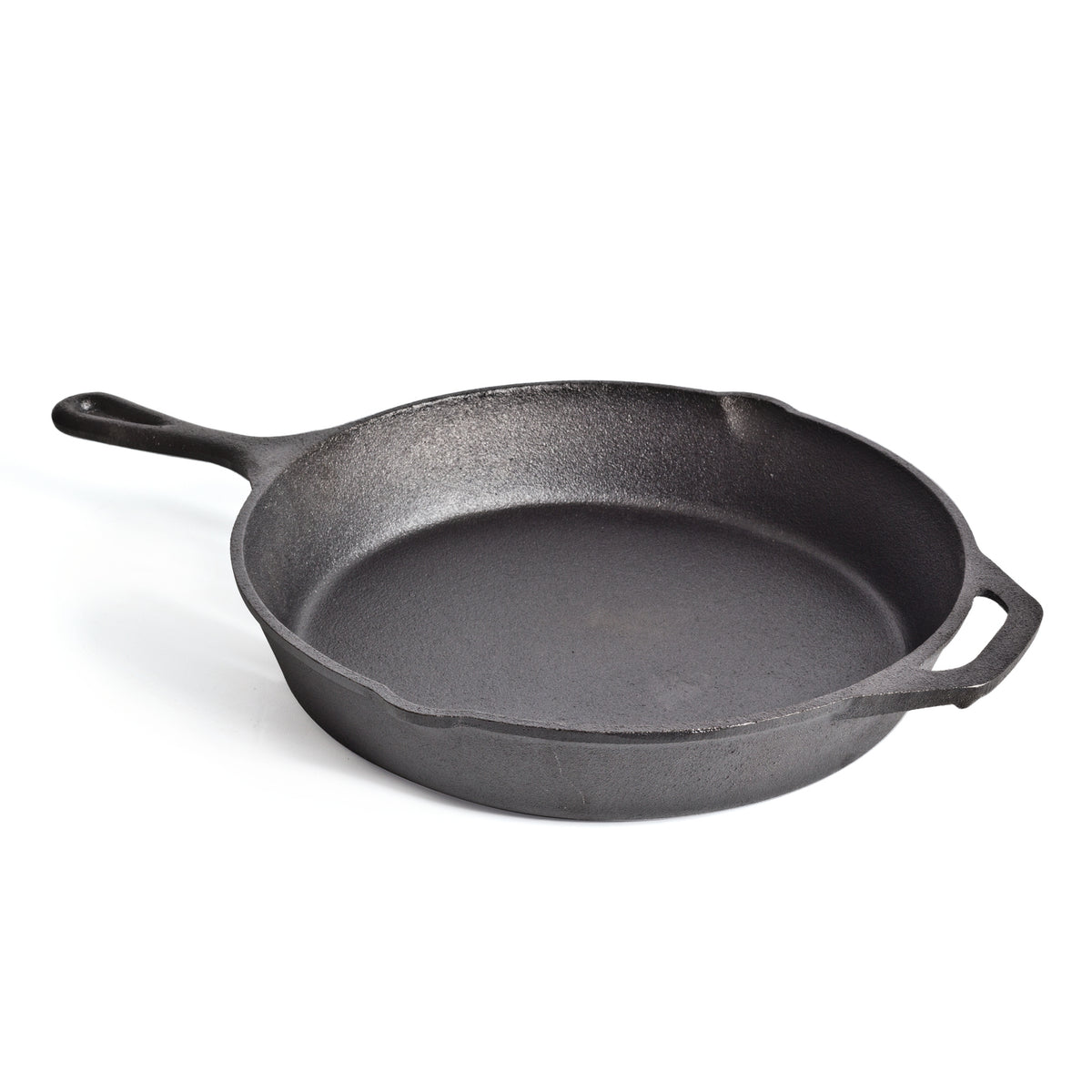 The Campfire 30cm Cast Iron Skillet, featuring a sturdy handle and a small side grip, is a durable black pan ideal for campfire cooking, shown against a white background.