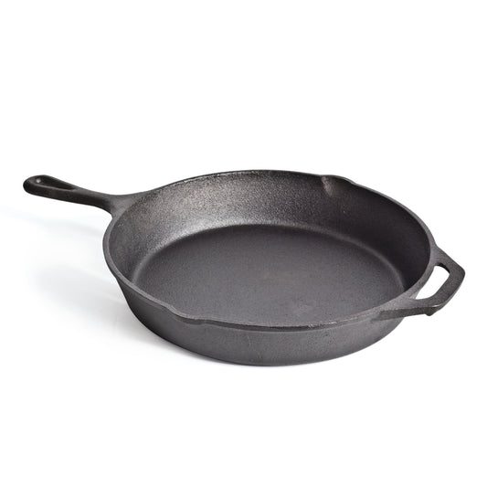 The Campfire 30cm Cast Iron Skillet, featuring a sturdy handle and a small side grip, is a durable black pan ideal for campfire cooking, shown against a white background.