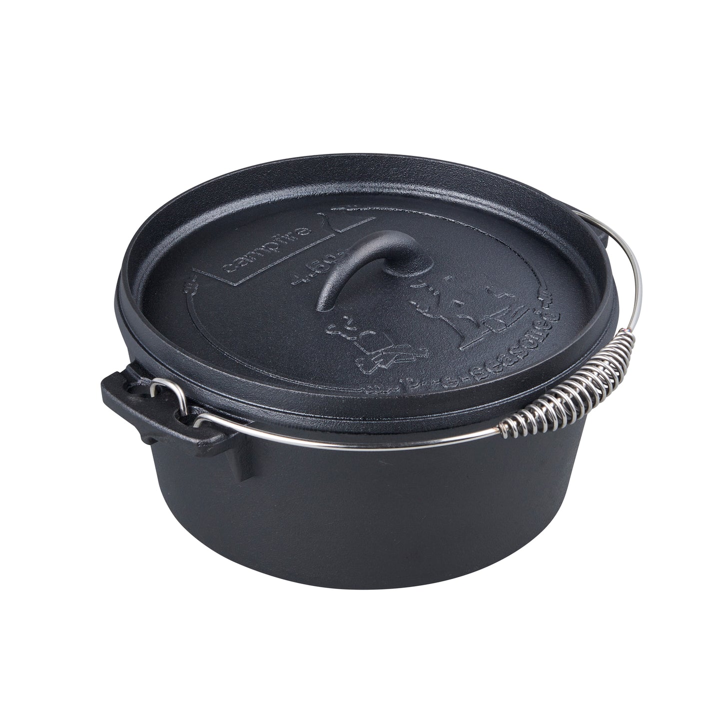 The Campfire 4.5 Quart Camp Oven is a black cast iron Dutch oven with a lid, featuring a top handle and a sturdy metal bail handle with a coiled grip—perfect for outdoor cooking adventures thanks to its pre-seasoned finish.