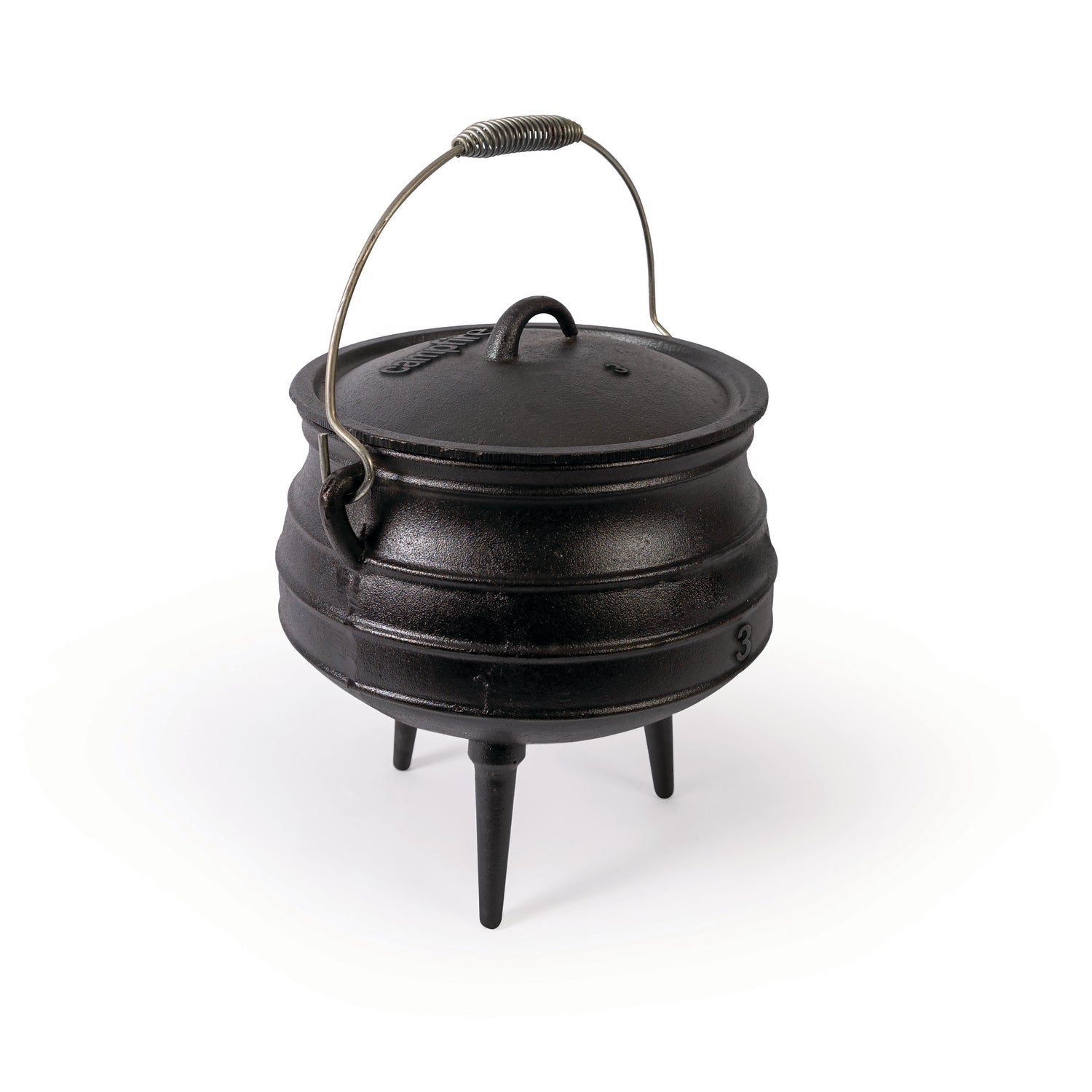 The Campfire 8L Cast Iron Potjie Pot is displayed on a white background, featuring a black finish, three sturdy legs, a curved metal handle, and a fitted lid—ideal for traditional outdoor cooking.