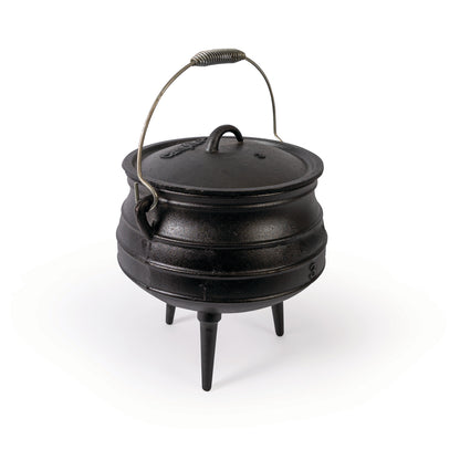 The Campfire 8L Cast Iron Potjie Pot is displayed on a white background, featuring a black finish, three sturdy legs, a curved metal handle, and a fitted lid—ideal for traditional outdoor cooking.