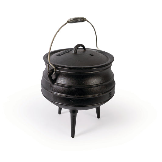 The Campfire 8L Cast Iron Potjie Pot is displayed on a white background, featuring a black finish, three sturdy legs, a curved metal handle, and a fitted lid—ideal for traditional outdoor cooking.