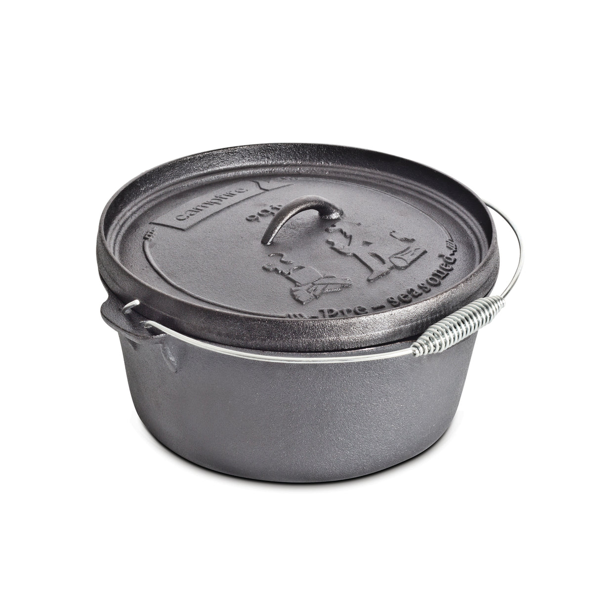 The Campfire 9 Quart Camp Oven is a round, black cast iron Dutch oven with a metal handle and a fitted lid embossed with decorative designs and text—ideal for outdoor cooking over a campfire.