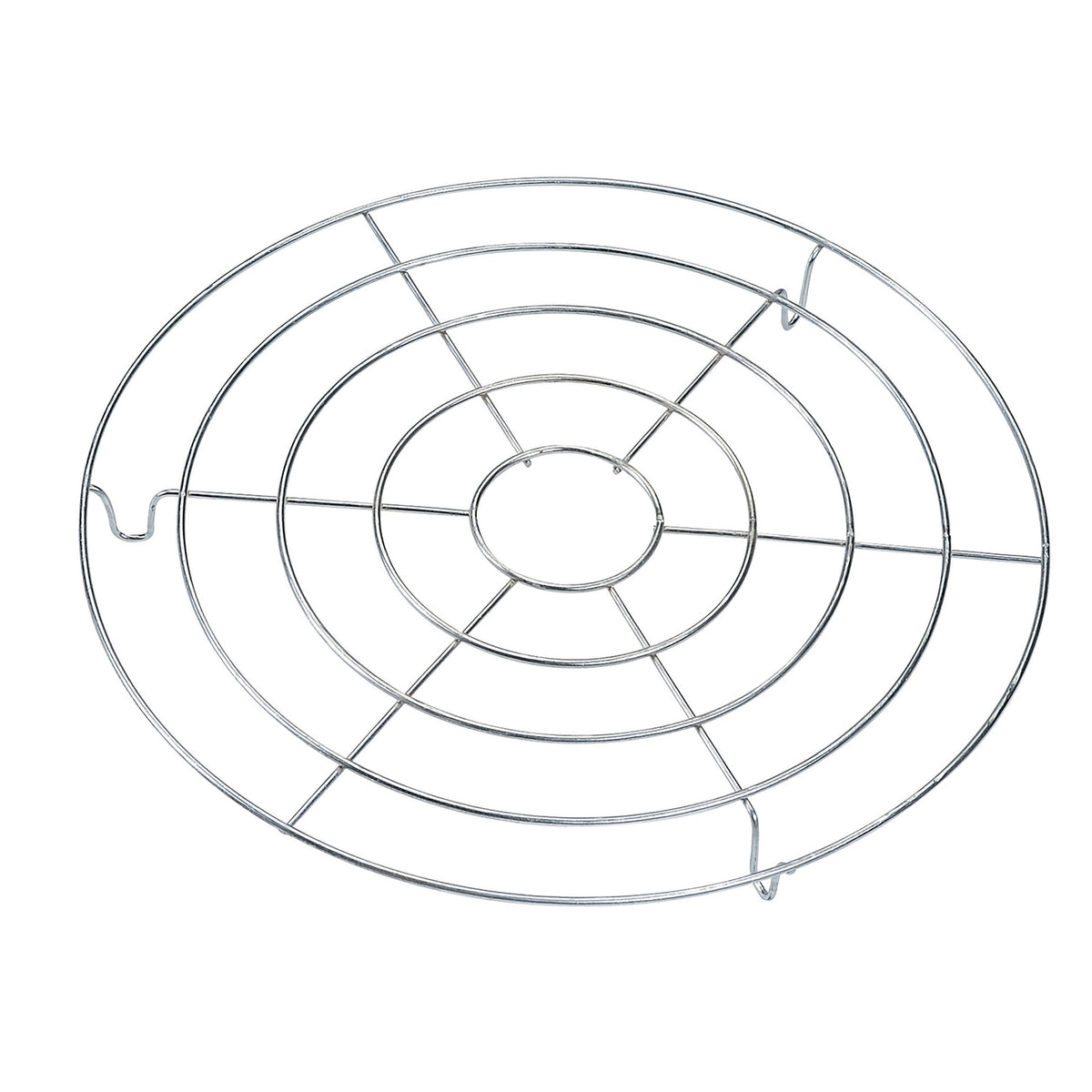 The Campfire 9 Quart Steamer Rack is a round metal rack featuring concentric circles and multiple supporting spokes, designed to ensure even heat circulation when cooling baked goods. This versatile rack also functions perfectly as a Dutch Oven Steamer Rack, fitting seamlessly into 9QT cookware.