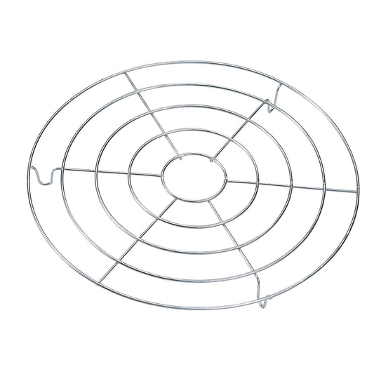 The Campfire 9 Quart Steamer Rack is a round metal rack featuring concentric circles and multiple supporting spokes, designed to ensure even heat circulation when cooling baked goods. This versatile rack also functions perfectly as a Dutch Oven Steamer Rack, fitting seamlessly into 9QT cookware.