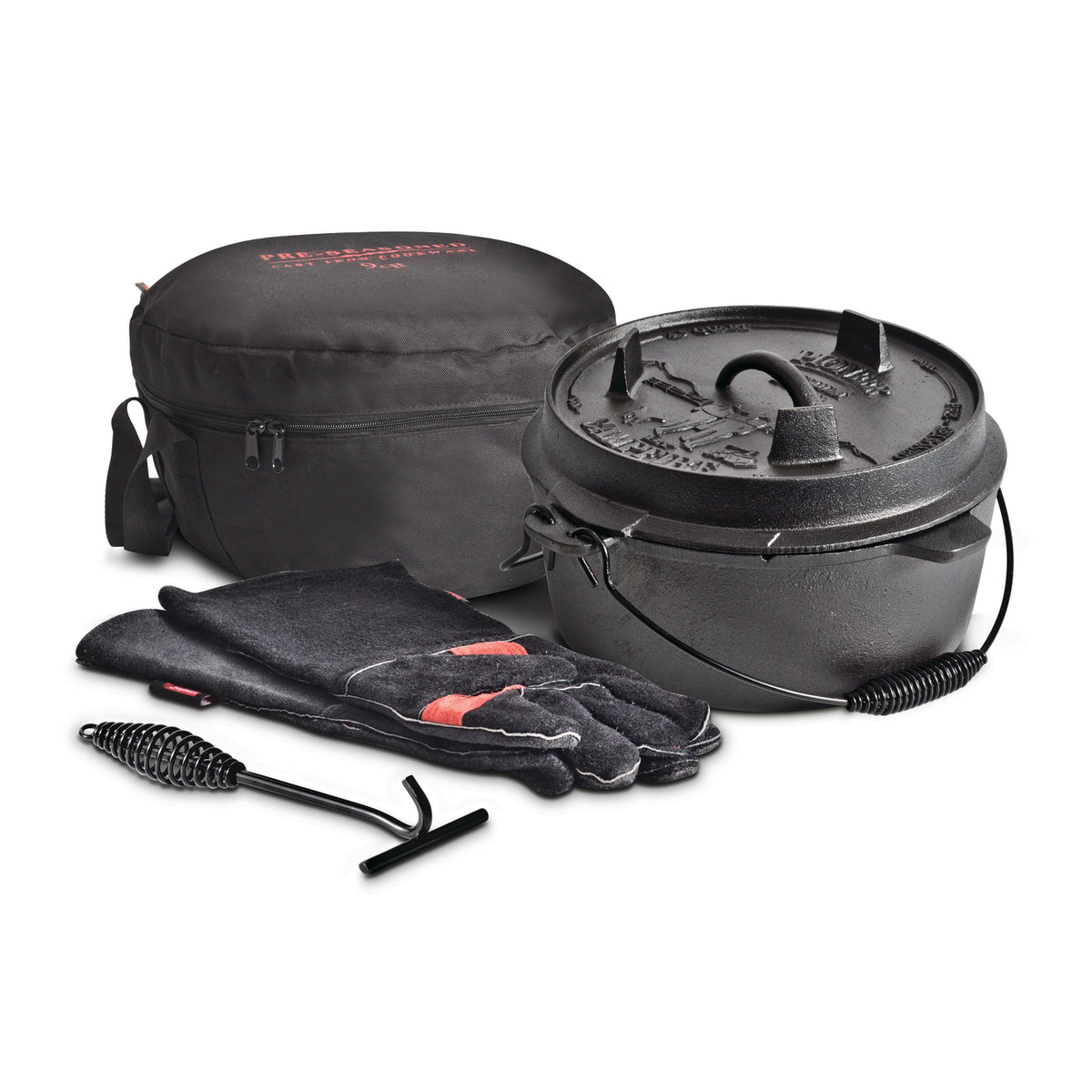 The Campfire Camp Oven Set 4.5 Quart, featuring a pre-seasoned black cast iron camp oven with lid, a pair of black gloves with red accents, a metal lid lifter, and a round black carrying case, is displayed together on a white background—ideal for outdoor cooking adventures.