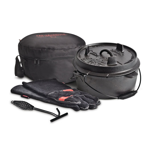 The Campfire Camp Oven Set 4.5 Quart, featuring a pre-seasoned black cast iron camp oven with lid, a pair of black gloves with red accents, a metal lid lifter, and a round black carrying case, is displayed together on a white background—ideal for outdoor cooking adventures.