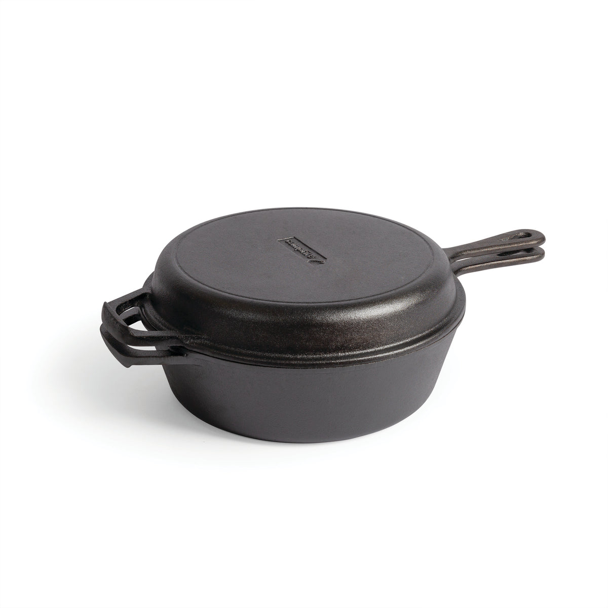 A Campfire Cast Iron Combo Cooker 3.2 Quart in black, featuring handles on both the pot and the matching lid, is displayed on a white background.