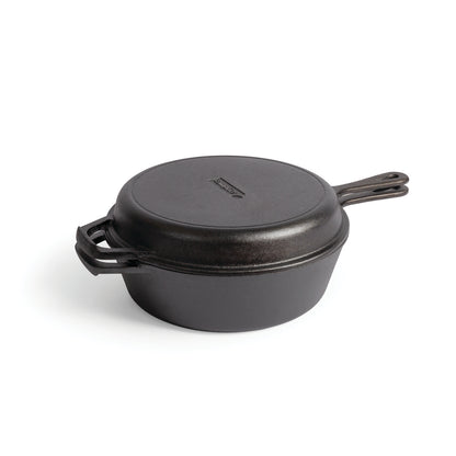 A Campfire Cast Iron Combo Cooker 3.2 Quart in black, featuring handles on both the pot and the matching lid, is displayed on a white background.