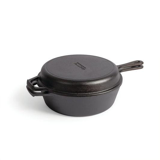 A Campfire Cast Iron Combo Cooker 3.2 Quart in black, featuring handles on both the pot and the matching lid, is displayed on a white background.