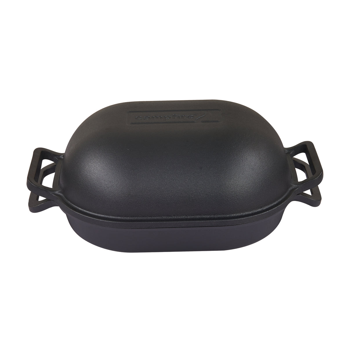 The Campfire Combo Camp Oven is a black, pre-seasoned cast iron oven featuring a domed lid and two handles, shown against a plain white background—perfect for campfire cooking.