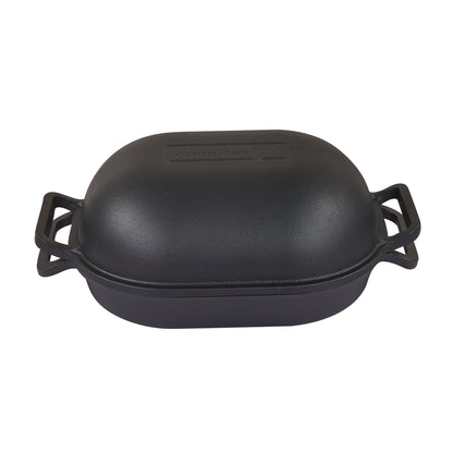 The Campfire Combo Camp Oven is a black, pre-seasoned cast iron oven featuring a domed lid and two handles, shown against a plain white background—perfect for campfire cooking.