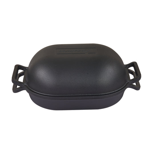 The Campfire Combo Camp Oven is a black, pre-seasoned cast iron oven featuring a domed lid and two handles, shown against a plain white background—perfect for campfire cooking.