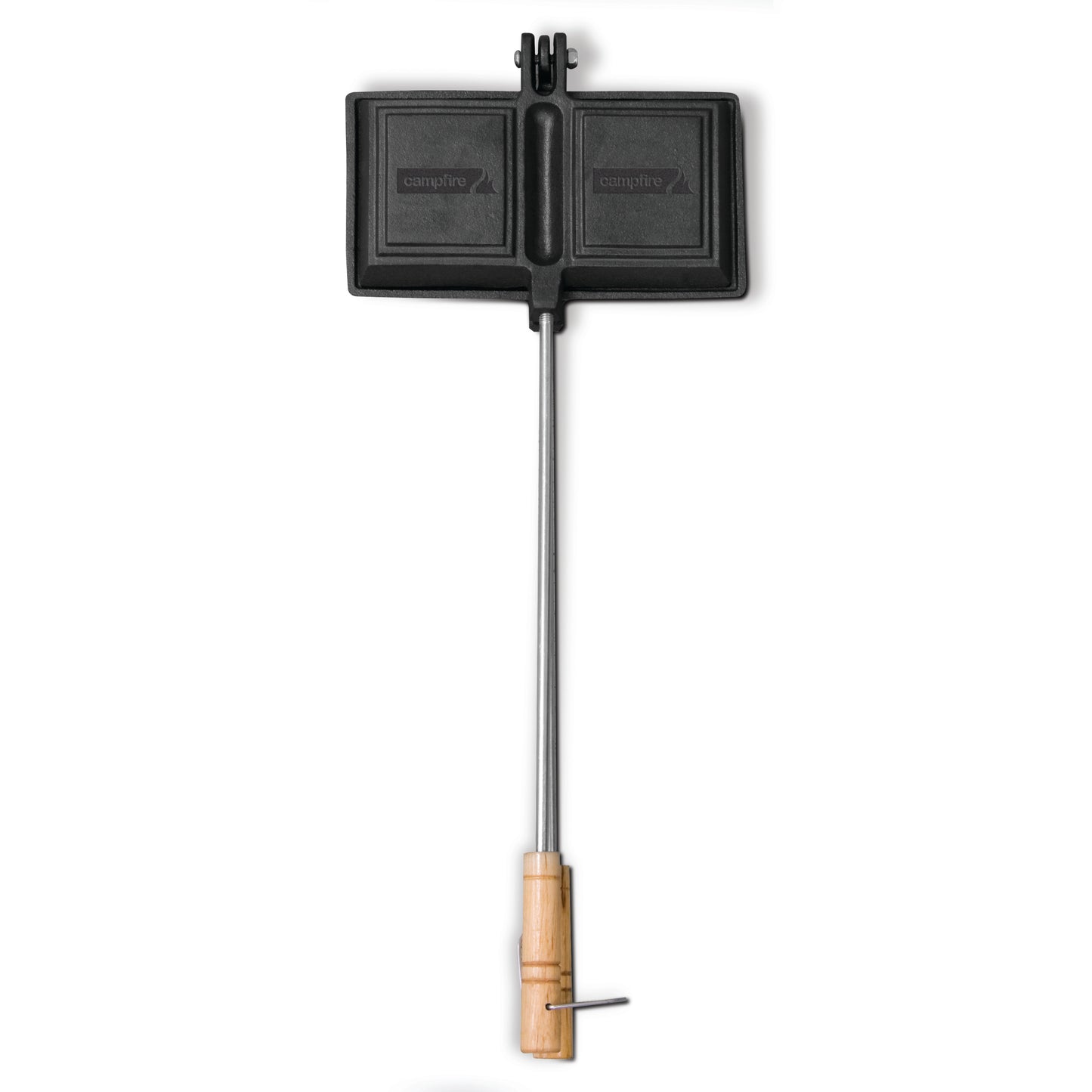 The Campfire Jaffle Iron Jumbo Double is crafted from cast iron and features a double-sided design with a long metal handle and wooden grip, making it perfect for cooking hearty campfire meals over an open fire.