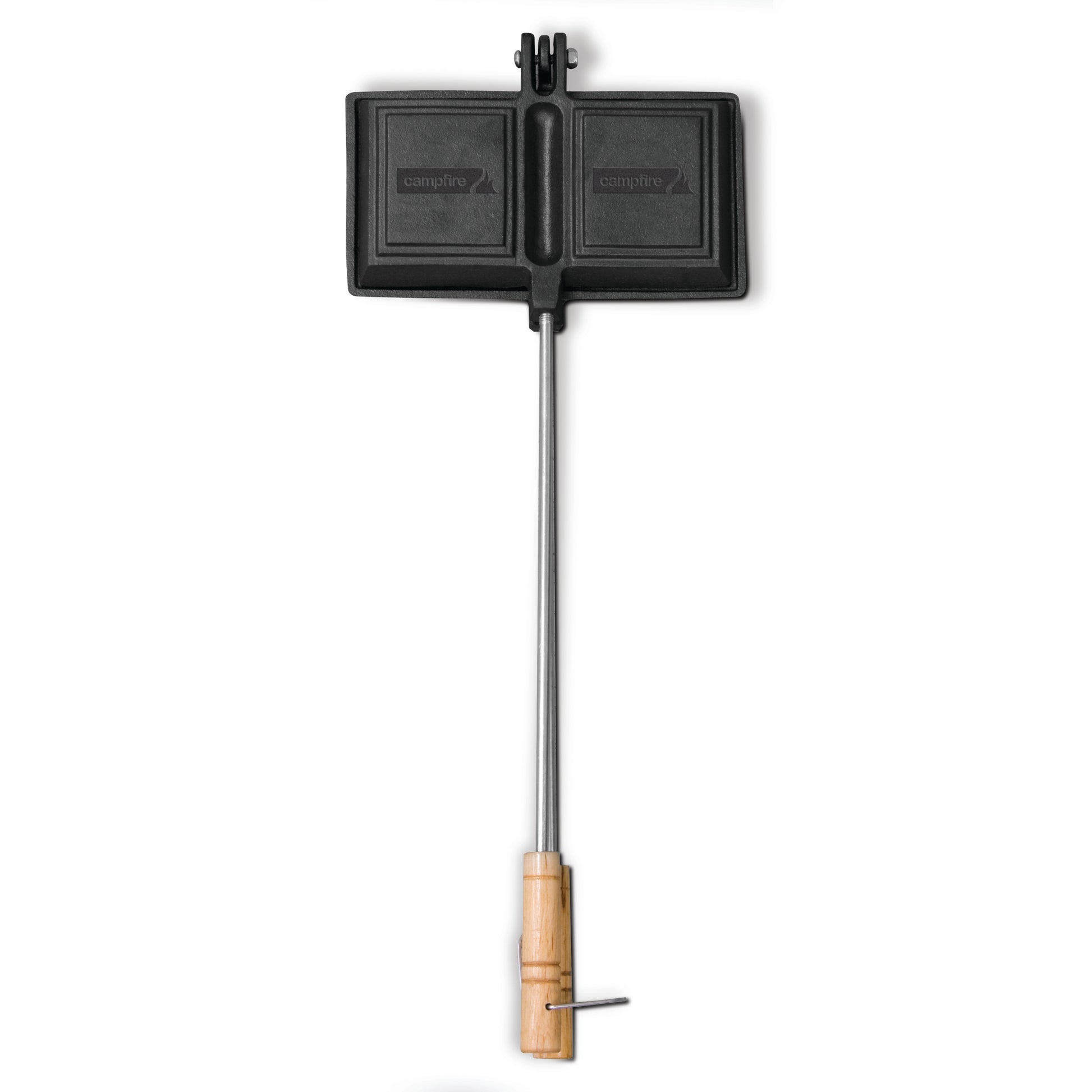 The Campfire Jaffle Iron Jumbo Double is crafted from cast iron and features a double-sided design with a long metal handle and wooden grip, making it perfect for cooking hearty campfire meals over an open fire.