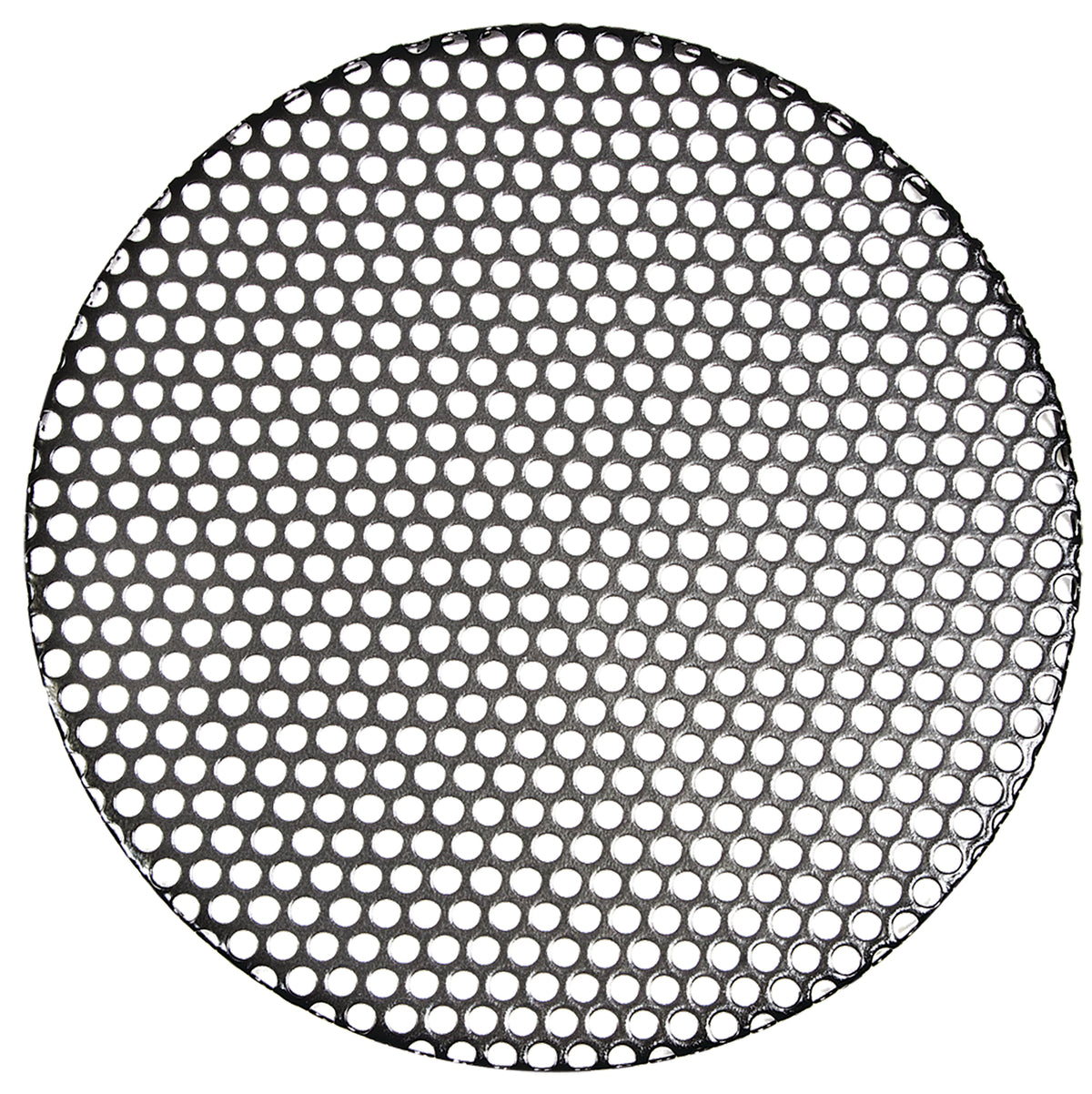The Campfire Large Trivet - Suits 9 Quart is a round, non-stick steel mesh trivet with evenly spaced circular holes, shown from above against a white background—ideal for supporting a Dutch oven during campfire cooking.
