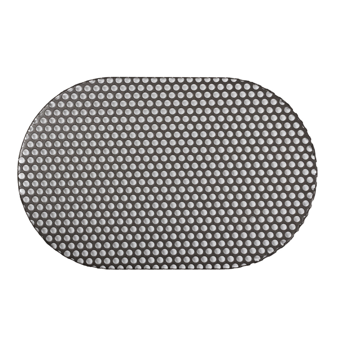 A flat, oval-shaped steel mesh with evenly spaced circular holes is shown from above on a white background—this Campfire Oval Trivet – Suits 10QT is perfect for outdoor cooking or use as a Dutch oven trivet.