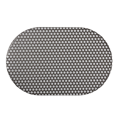 A flat, oval-shaped steel mesh with evenly spaced circular holes is shown from above on a white background—this Campfire Oval Trivet – Suits 10QT is perfect for outdoor cooking or use as a Dutch oven trivet.
