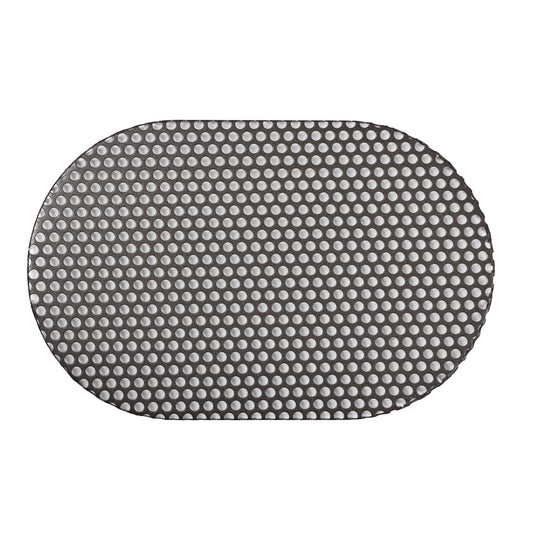 A flat, oval-shaped steel mesh with evenly spaced circular holes is shown from above on a white background—this Campfire Oval Trivet – Suits 10QT is perfect for outdoor cooking or use as a Dutch oven trivet.