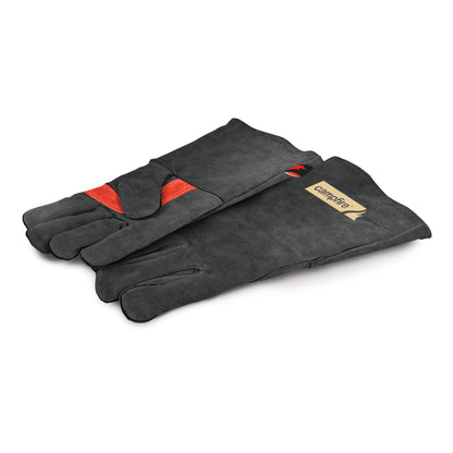 A pair of long, black Protective Leather Gloves by Campfire, featuring a red accent and a small tan label on one cuff, designed for heat insulation, displayed on a white background.