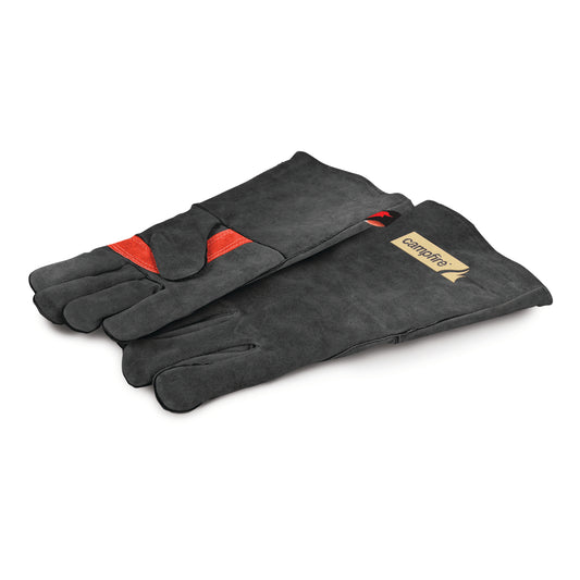 A pair of long, black Protective Leather Gloves by Campfire, featuring a red accent and a small tan label on one cuff, designed for heat insulation, displayed on a white background.