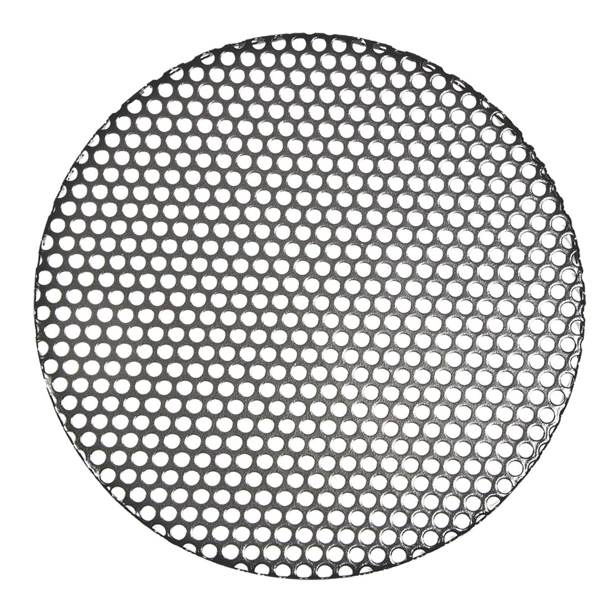 A round metal sheet with evenly spaced hexagonal holes, resembling a mesh or grate, is placed on a white background. The Campfire Small Trivet - Suits 4.5 Quart is a non-stick steel mesh trivet, making it the perfect Dutch oven accessory for Ozpig outdoor cooking setups.
