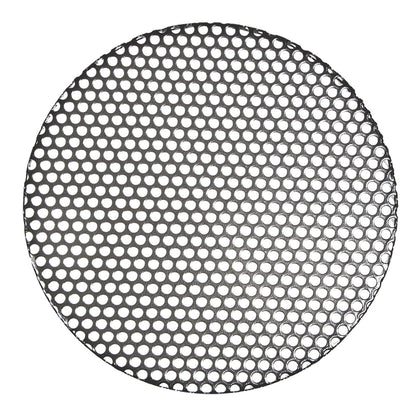 A round metal sheet with evenly spaced hexagonal holes, resembling a mesh or grate, is placed on a white background. The Campfire Small Trivet - Suits 4.5 Quart is a non-stick steel mesh trivet, making it the perfect Dutch oven accessory for Ozpig outdoor cooking setups.