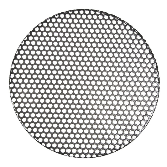 A round metal sheet with evenly spaced hexagonal holes, resembling a mesh or grate, is placed on a white background. The Campfire Small Trivet - Suits 4.5 Quart is a non-stick steel mesh trivet, making it the perfect Dutch oven accessory for Ozpig outdoor cooking setups.