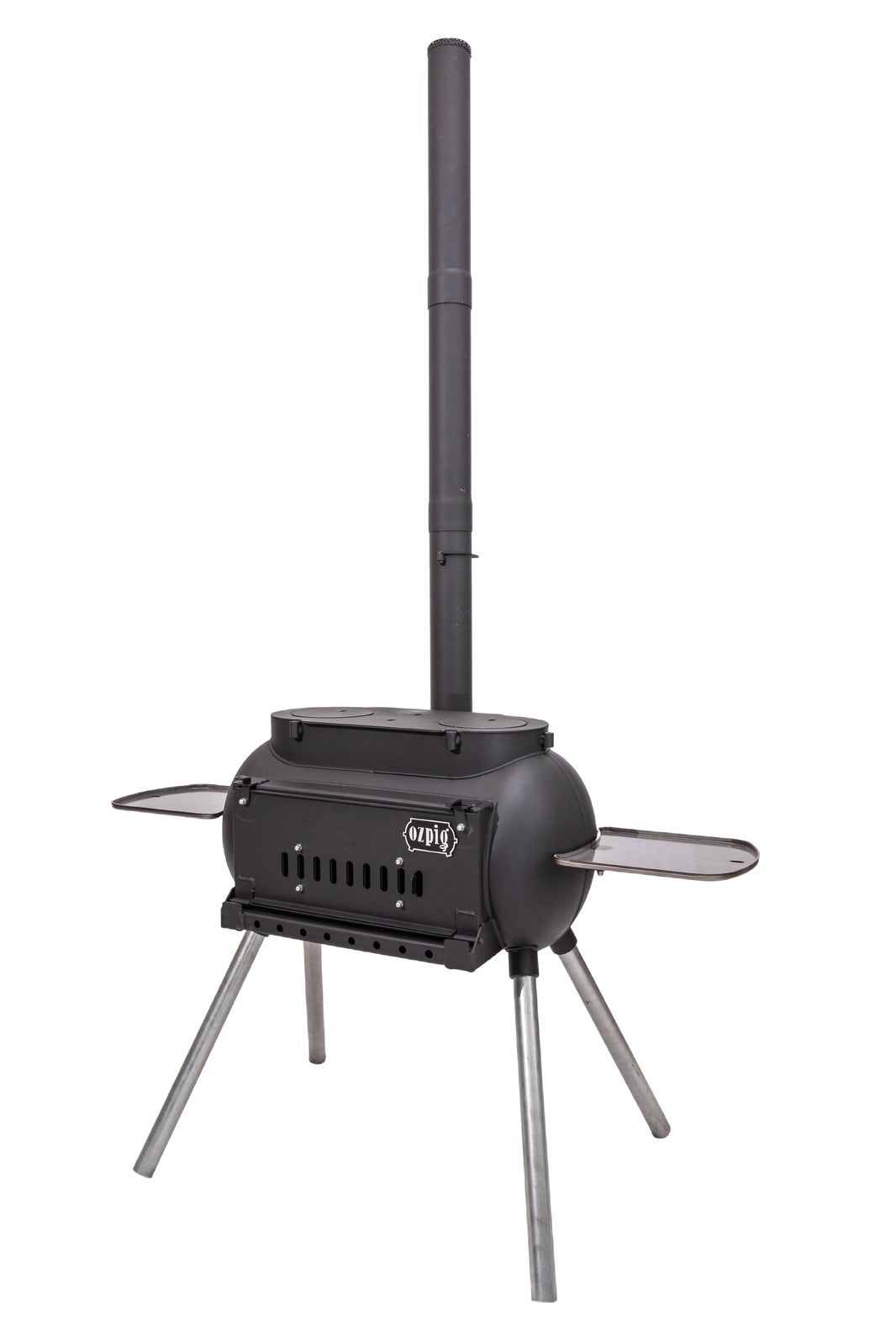 The Ozpig Big Pig by Ozpig is a black, portable wood-burning stove with four metal legs, a tall chimney pipe, and two foldable side shelves—ideal for outdoor grill lovers or woodfired cooking—shown on a white background.