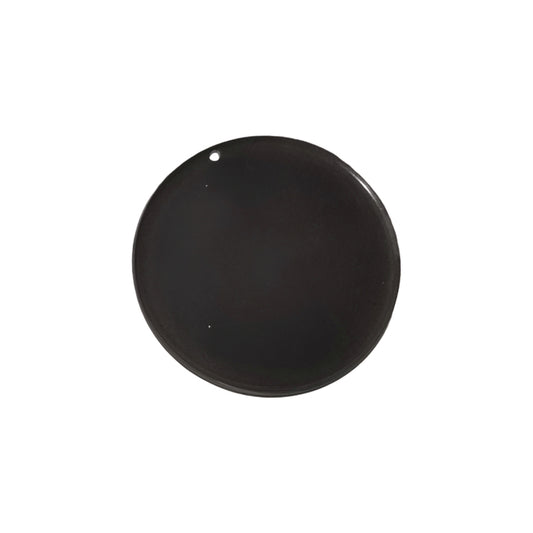 The Ozpig Oven Smoker Turning Plate by Ozpig is a round, flat, solid black disc with a small hole near the edge—ideal as a replacement or accessory for your Ozpig Oven Smoker. Shown on a plain white background.