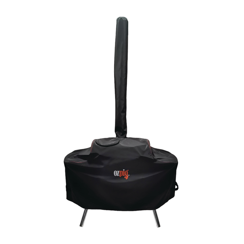 The Ozpig Big Pig Cover by Ozpig is a black, custom-fit cover designed to protect your Big Pig portable stove. It fits over the metal stove with a tall chimney and four legs, making it ideal as a smoker or Big Pig cover.