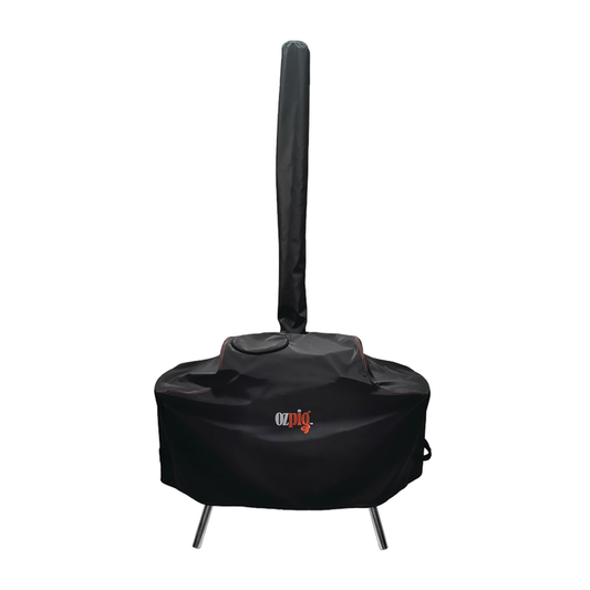 The Ozpig Big Pig Cover by Ozpig is a black, custom-fit cover designed to protect your Big Pig portable stove. It fits over the metal stove with a tall chimney and four legs, making it ideal as a smoker or Big Pig cover.