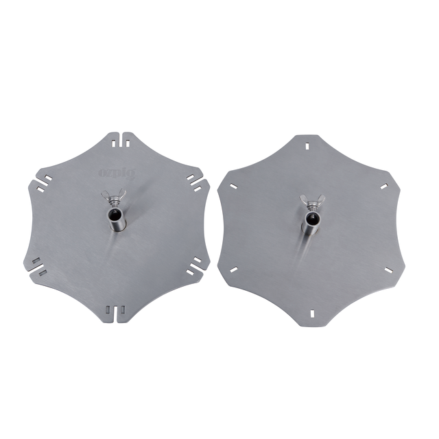 The Ozpig Kebab Rotisserie Set by Ozpig includes two flat, hexagonal metal plates with rounded corners, a central pipe with a wingnut, and slots for skewers. Shown on a white background.