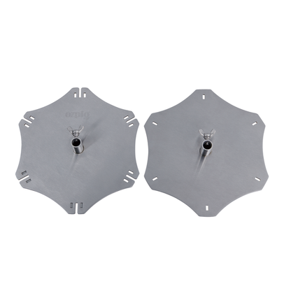 The Ozpig Kebab Rotisserie Set by Ozpig includes two flat, hexagonal metal plates with rounded corners, a central pipe with a wingnut, and slots for skewers. Shown on a white background.