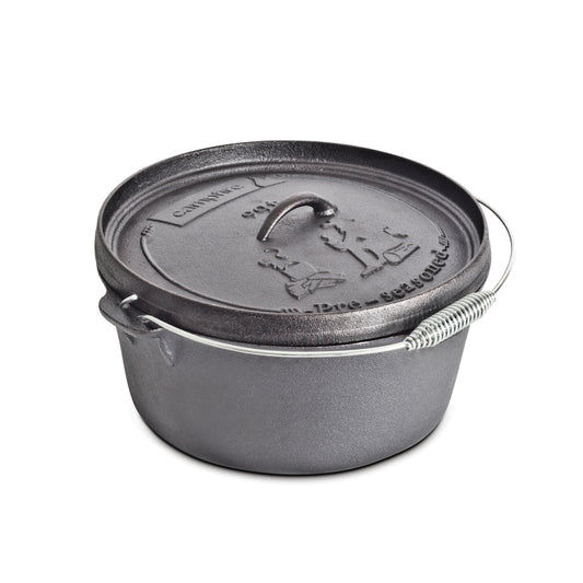 The Campfire 9 Quart Camp Oven is a round, black cast iron Dutch oven with a metal handle and an embossed lid featuring animal designs and text—perfect for outdoor cooking adventures.